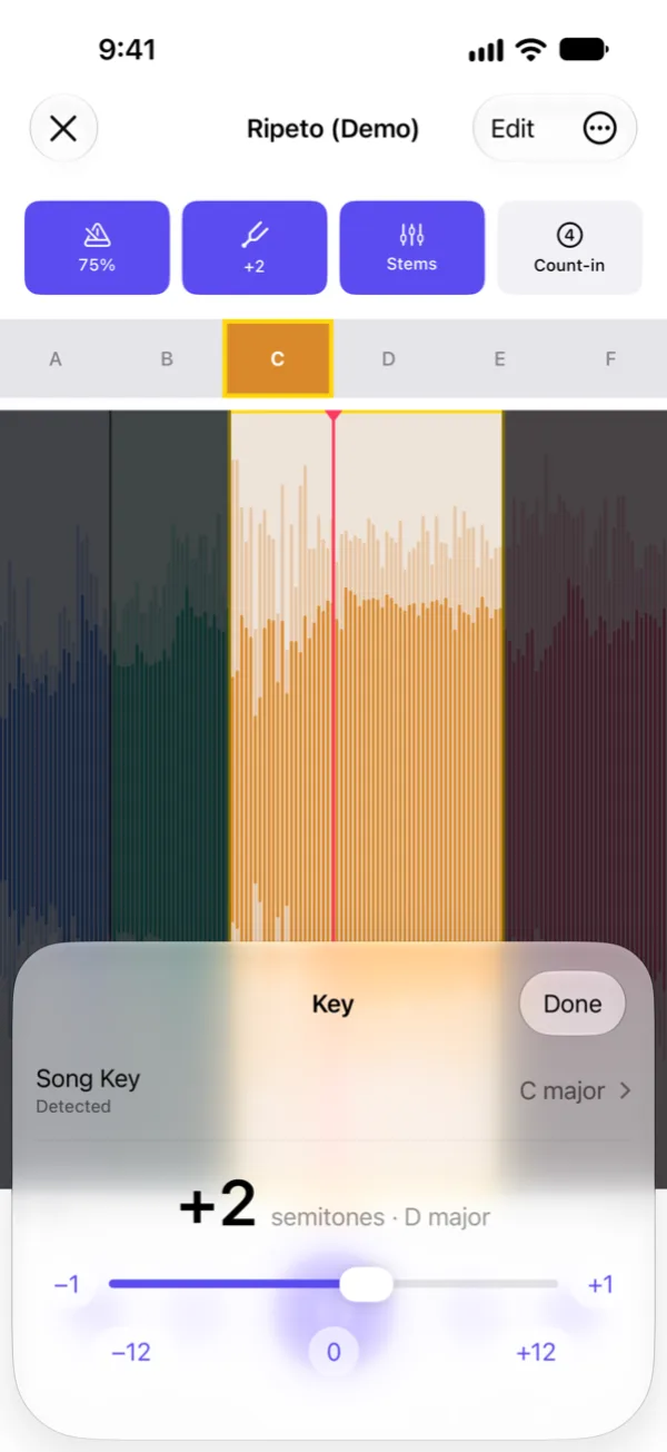 The Song Key sheet with the detected key and a transpose control