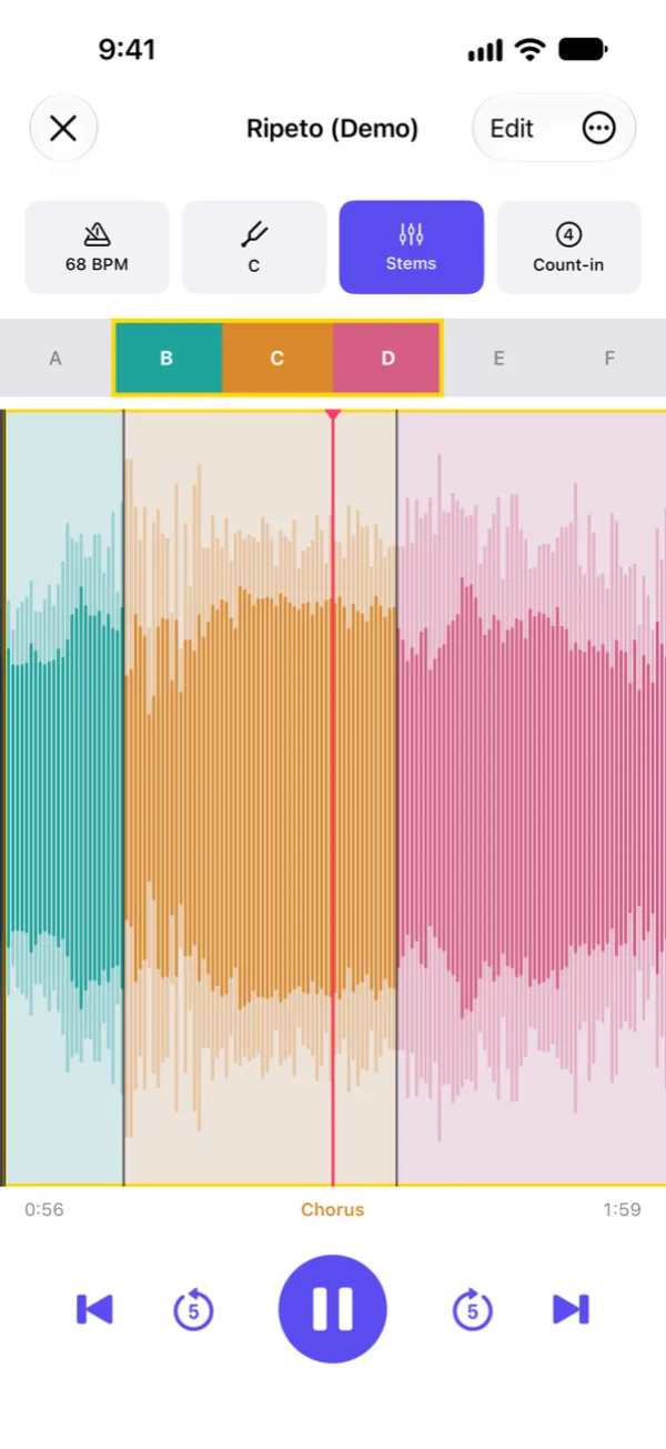 A song in Ripeto with its sections in color on the waveform, three of them looped
