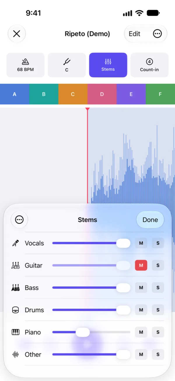 The Stems sheet with a volume, mute and solo for each instrument